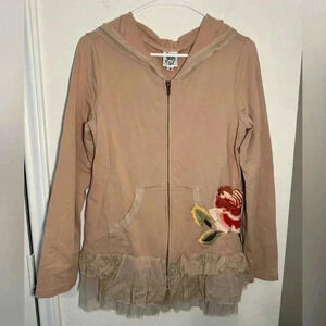 Ivy Jane Floral Embroidered Tan Ruffle Hooded Zip Up Jacket Womens Size S